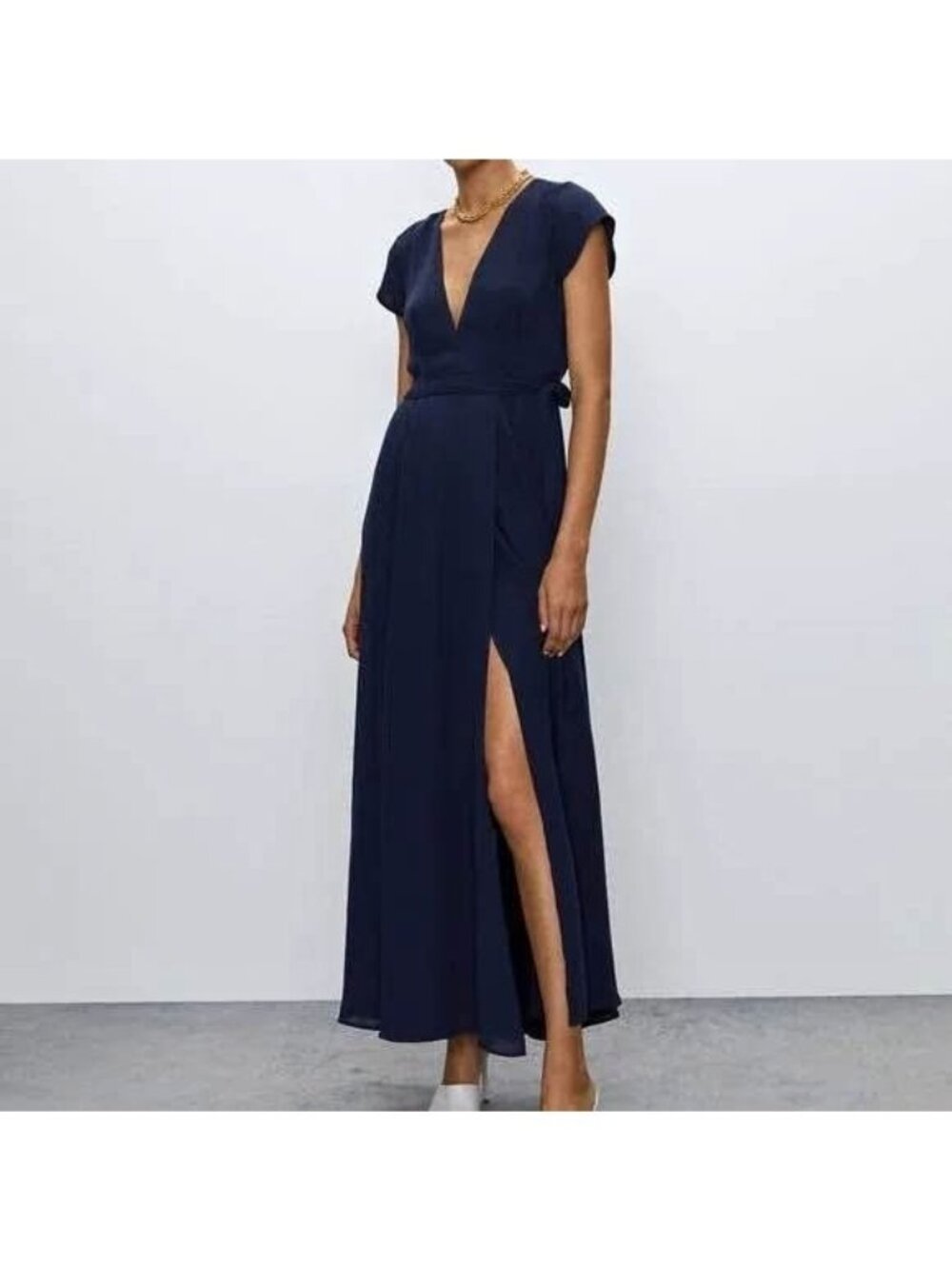 Babaton Size L Navy Blue Lexia Short Sleeve Deep V-Neck Maxi Wrap Dress